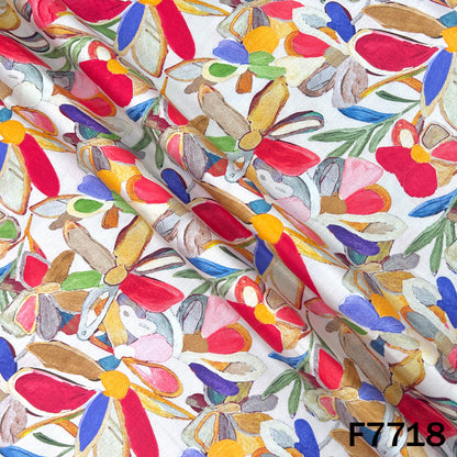 Printed Off White Multicolor Floral Glaze Cotton Fabric - F7718