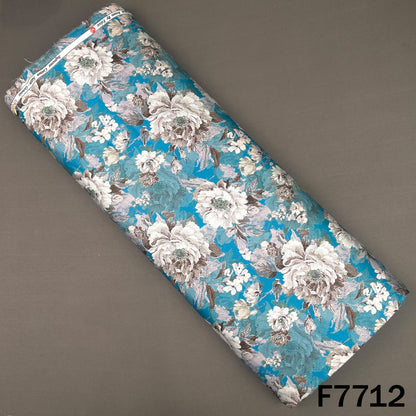 Printed Peacock Blue Floral Glaze Cotton Fabric - F7712