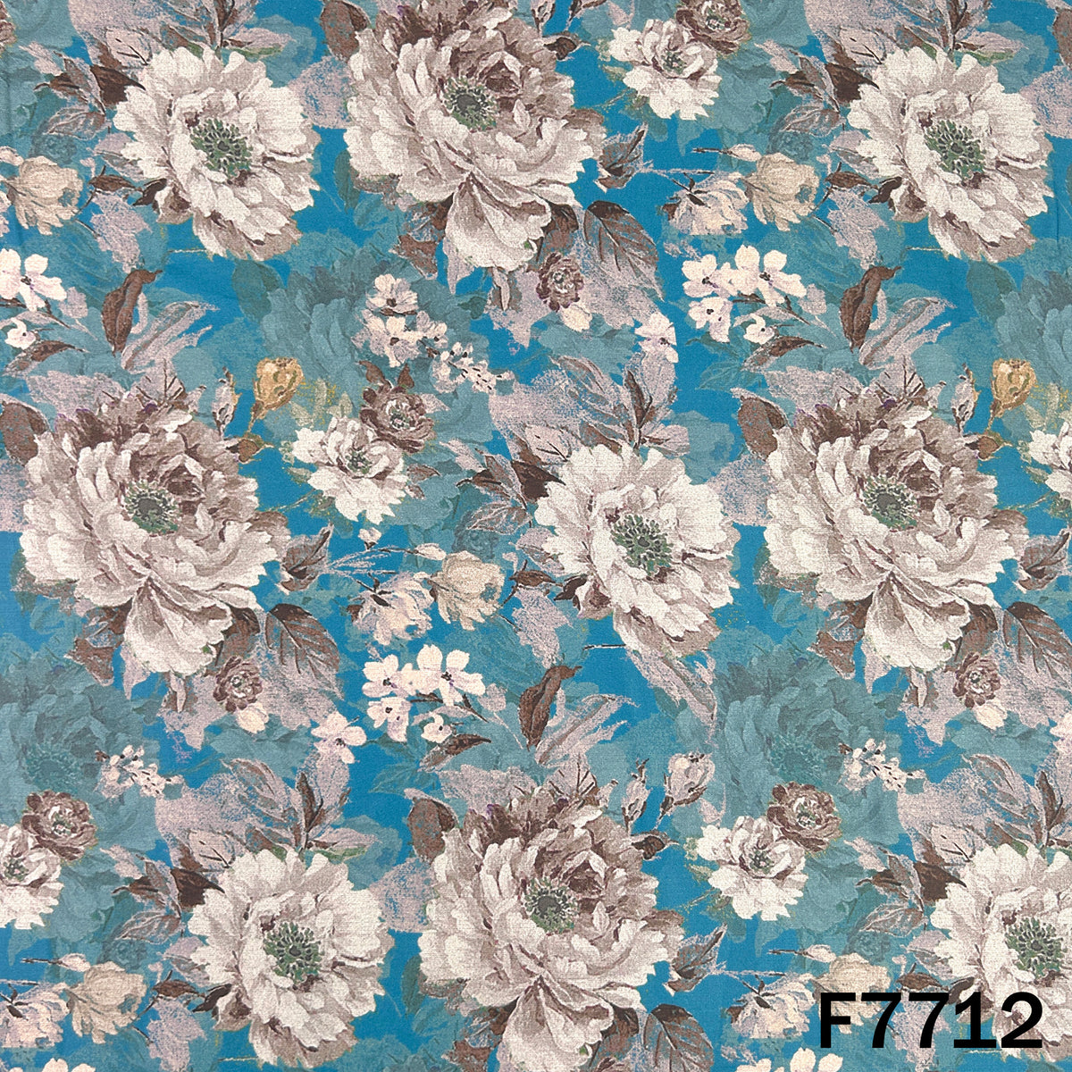 Printed Peacock Blue Floral Glaze Cotton Fabric - F7712