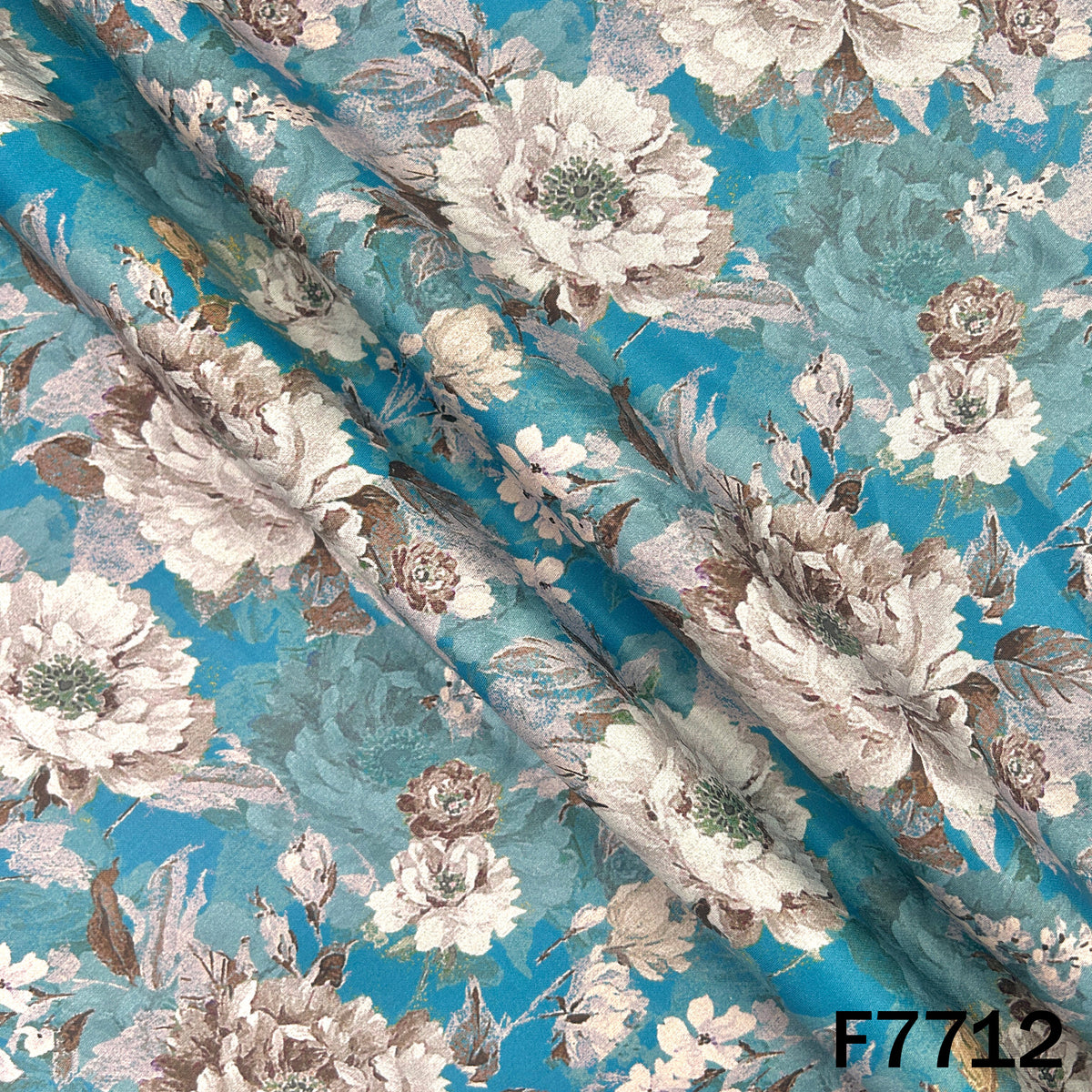 Printed Peacock Blue Floral Glaze Cotton Fabric - F7712