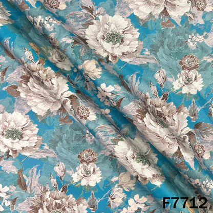 Printed Peacock Blue Floral Glaze Cotton Fabric - F7712