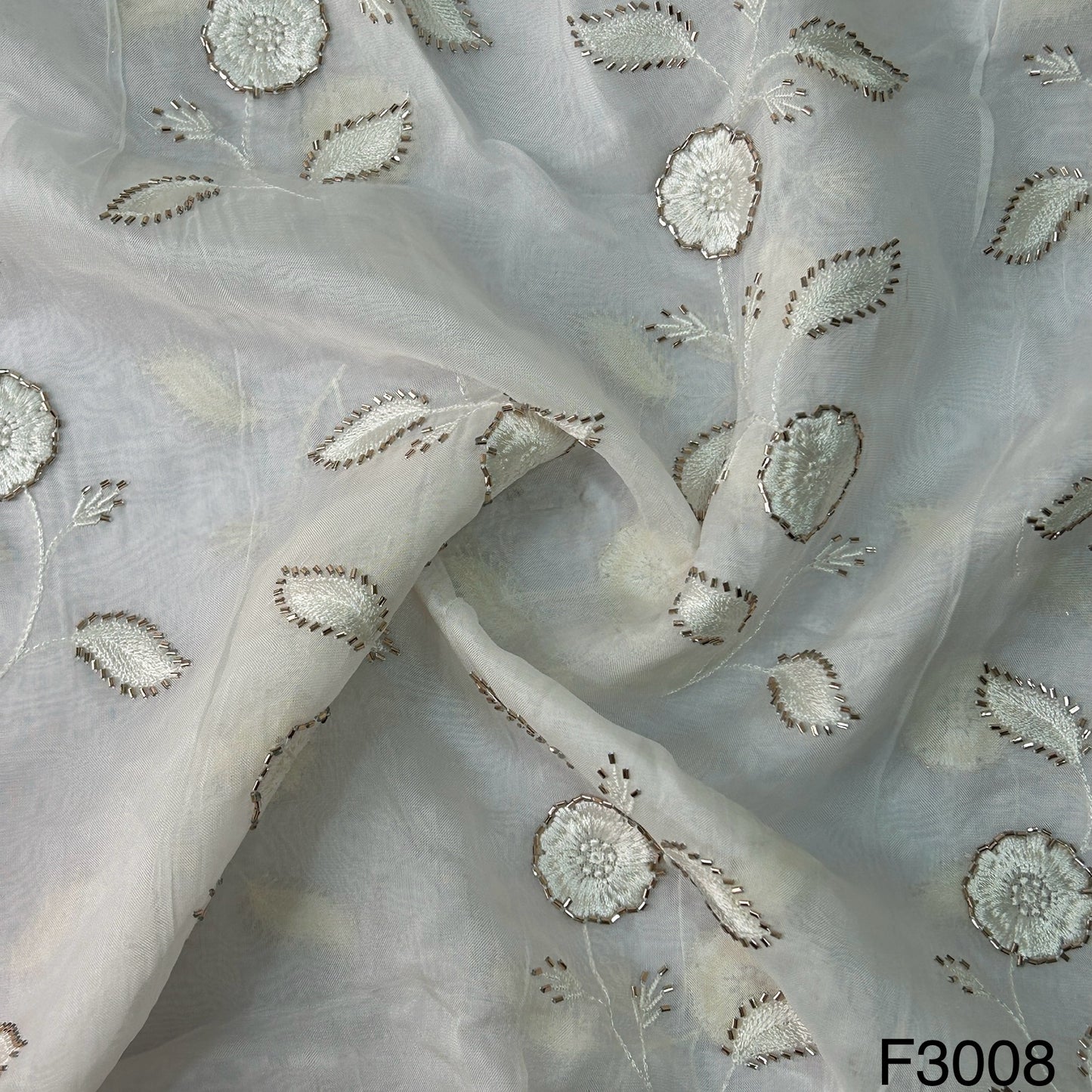 Dyeable Thread Cut Dana Work Embroidered Organza Fabric - F3008