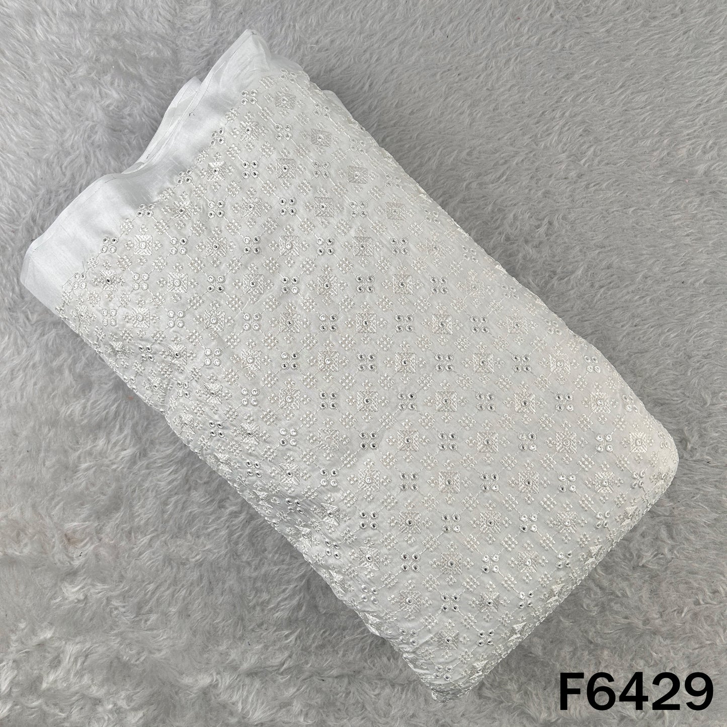 Dyeable Thread Embroidered Mirror Work Dola Silk Fabric - F6429