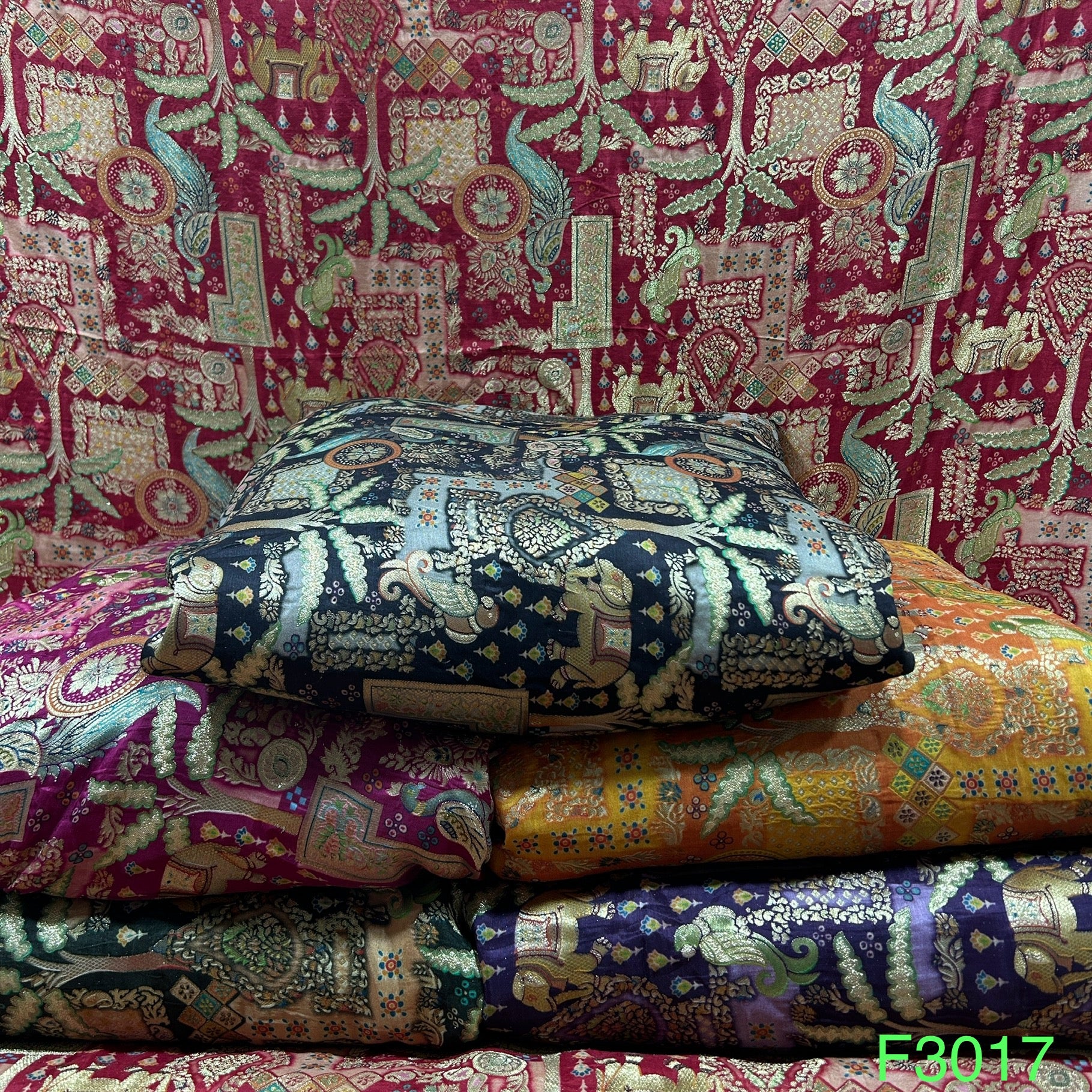 Zari Work Positional Print Jacquard Dolla Silk Fabric-F3017 – Fabricroot