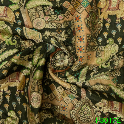Zari Work Positional Print Jacquard Dolla Silk Fabric-F3017