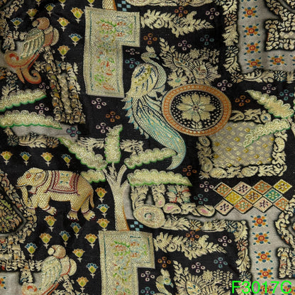 Zari Work Positional Print Jacquard Dolla Silk Fabric-F3017