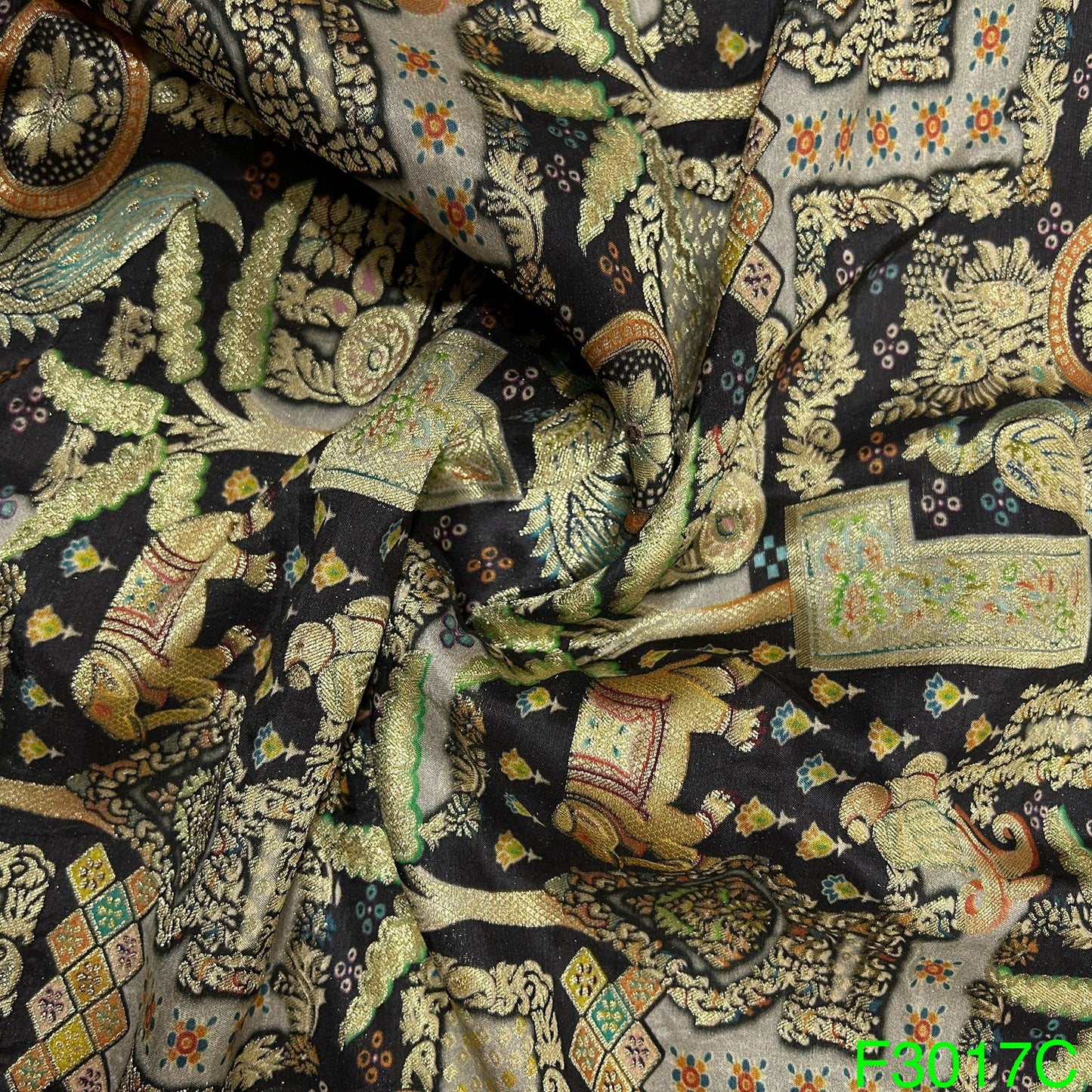 Zari Work Positional Print Jacquard Dolla Silk Fabric-F3017
