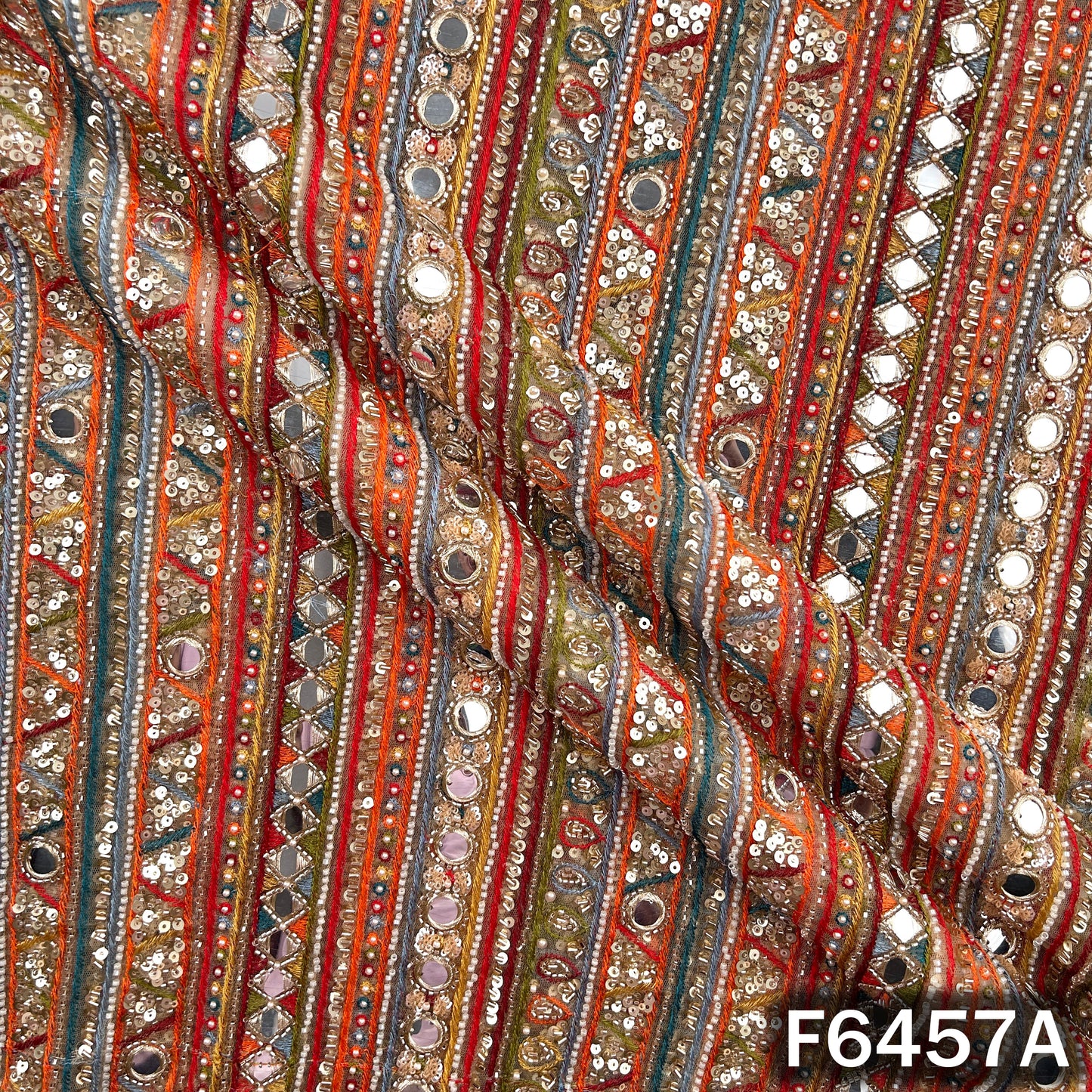 Cut Dana Thread Zari Sequins Pearl Mirror Work Net Fabric - F6457