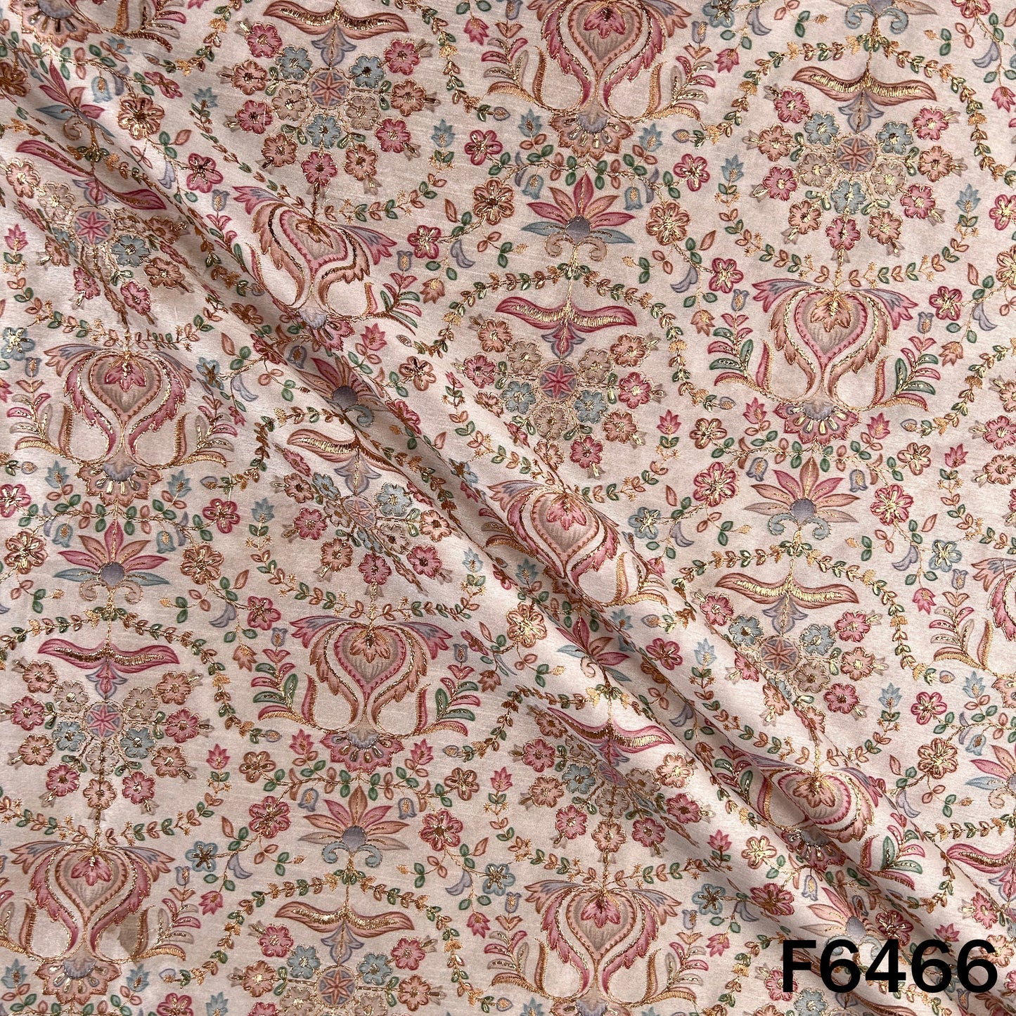 Zari Work Positional Print Dupion Silk Fabric - F6466