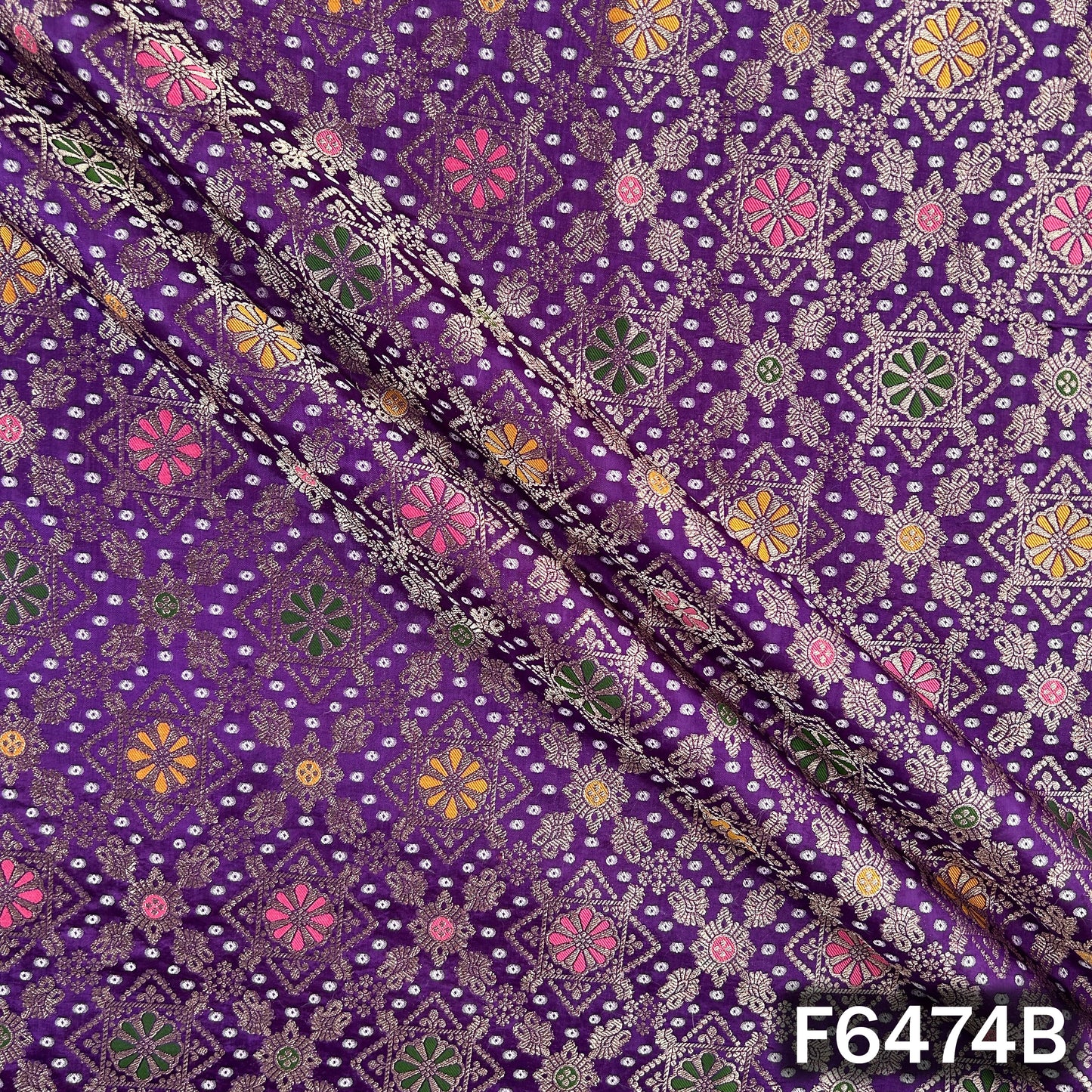 Zari Work Bandhani Print Dola Silk Fabric - F6474