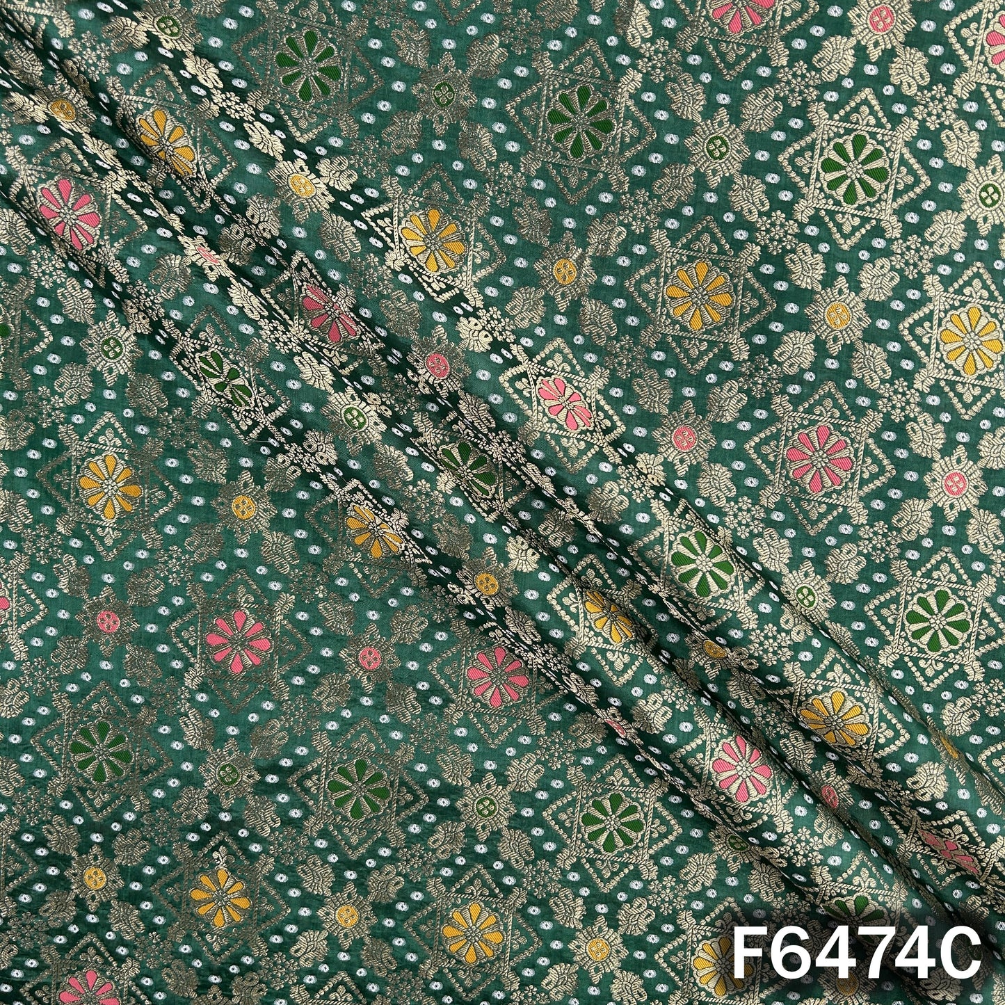 Zari Work Bandhani Print Dola Silk Fabric - F6474