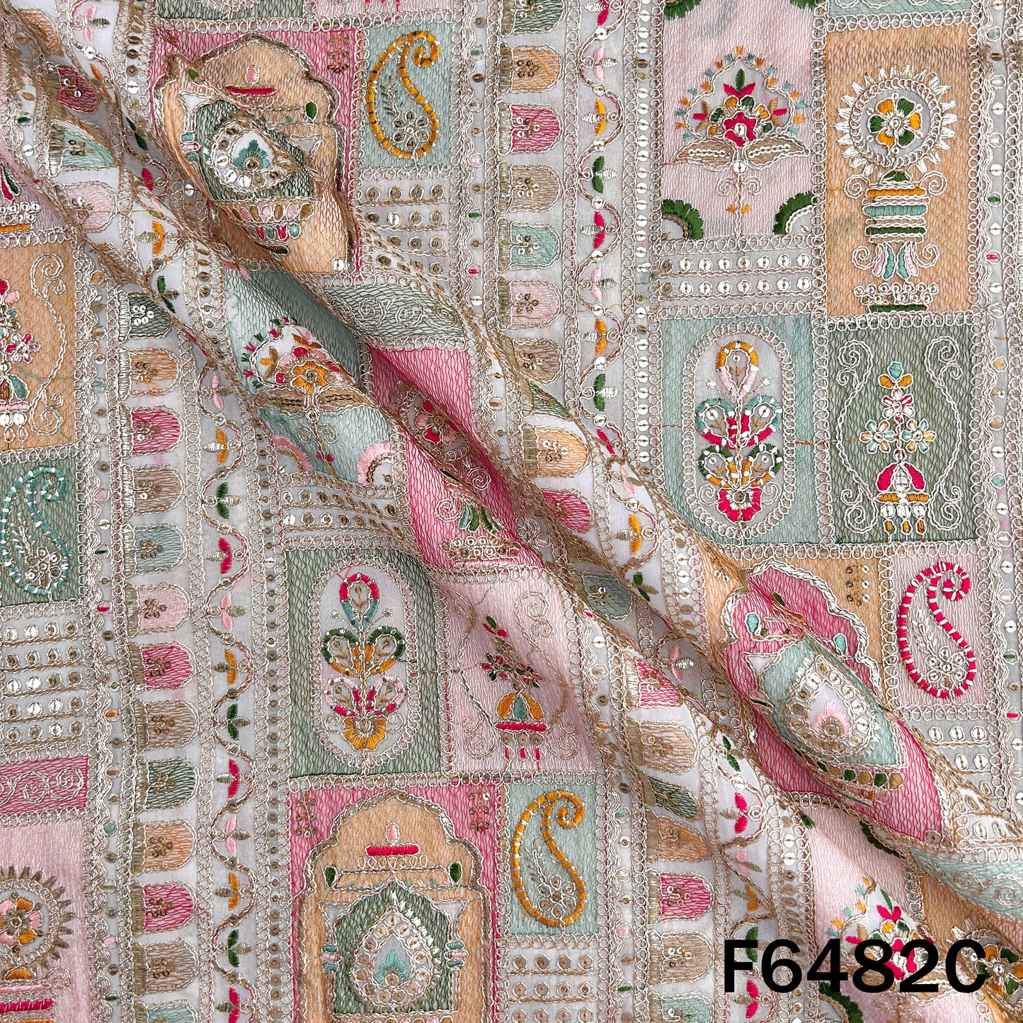 Thread Sequins Zari Embroidered Georgette Fabric - F6482