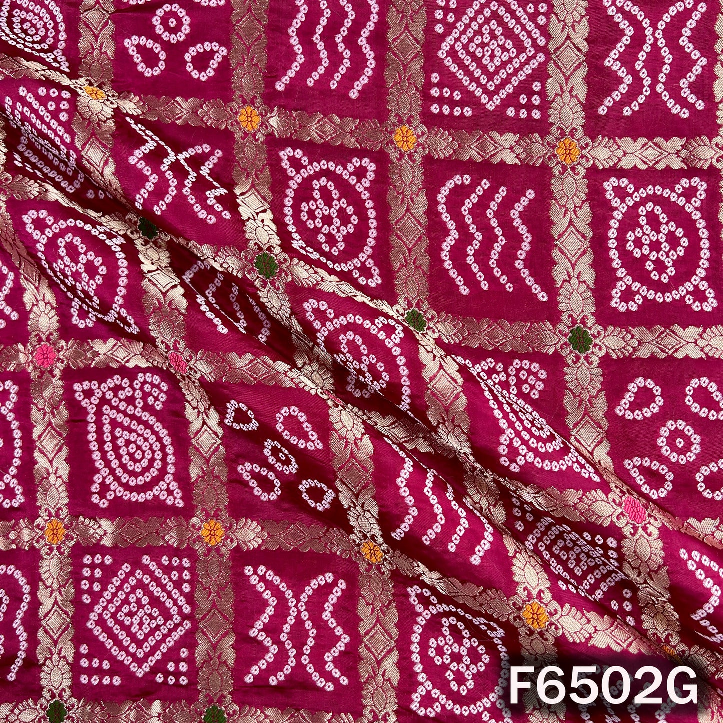 Zari Work Bandhani Print Dola Silk Fabric - F6502