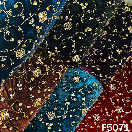 Cut Dana Sequins Pearls Embroidered Lycra Velvet Fabric-F5071