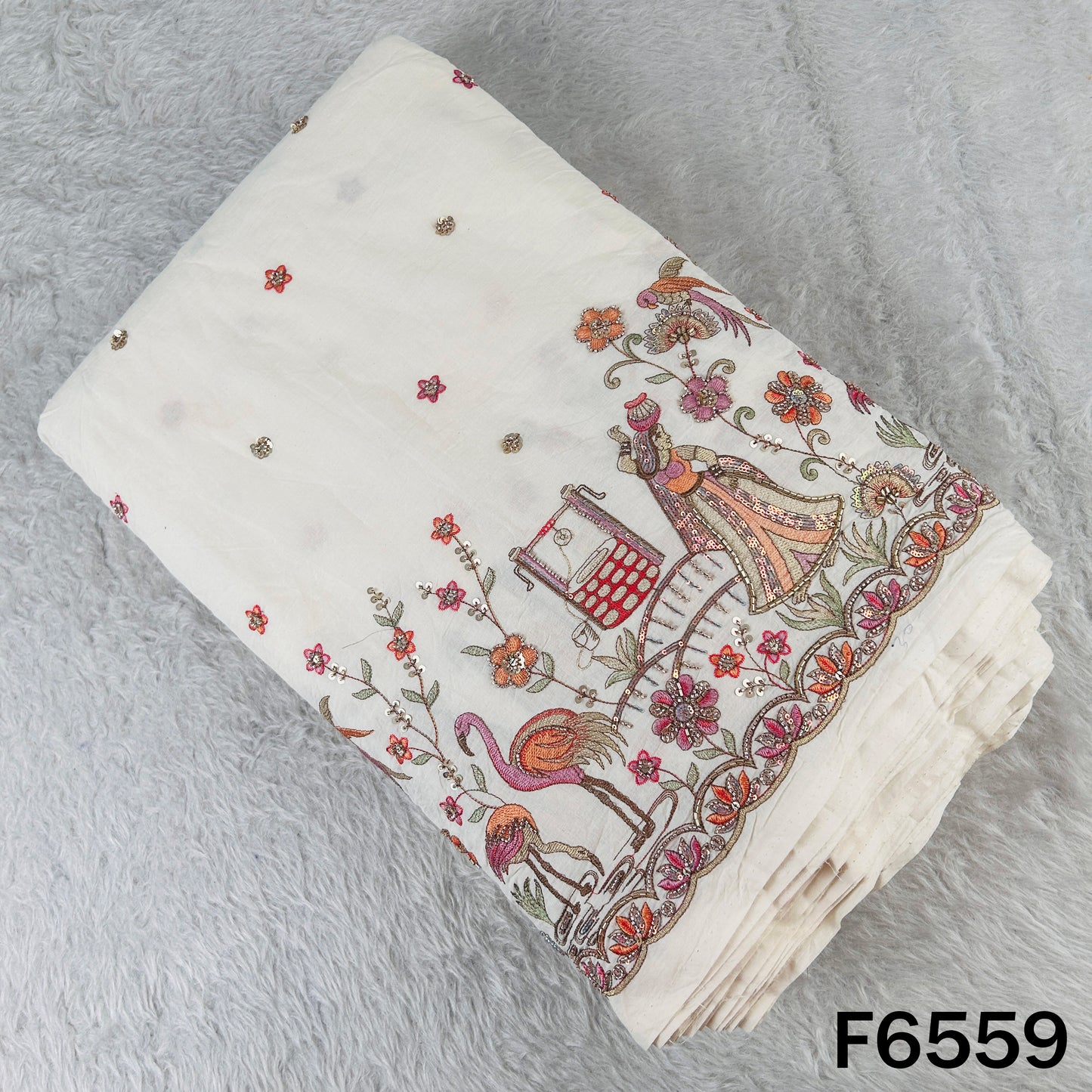 Cut Dana Thread Zari Sequins Work Kora Cotton Fabric - F6559