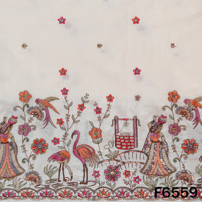 Cut Dana Thread Zari Sequins Work Kora Cotton Fabric - F6559
