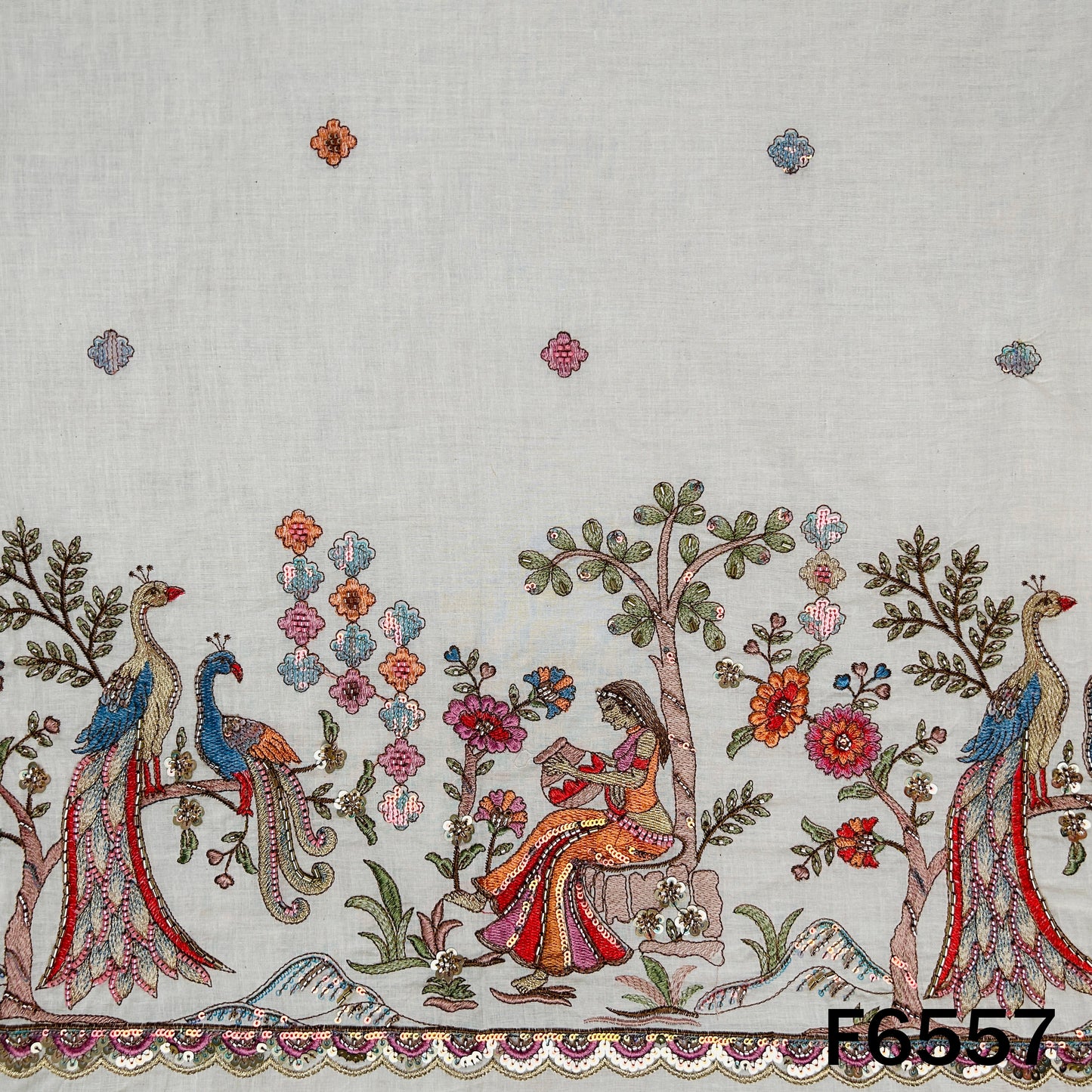 Cut Dana Thread Zari Sequins Work Kora Cotton Fabric - F6557