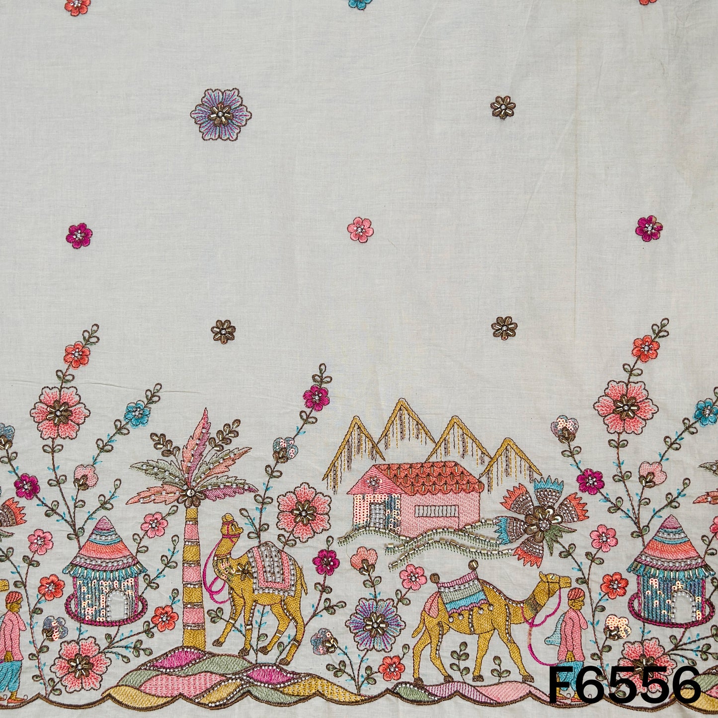 Cut Dana Thread Zari Sequins Work Kora Cotton Fabric - F6556