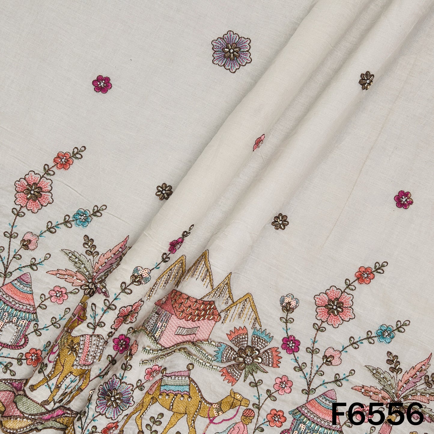 Cut Dana Thread Zari Sequins Work Kora Cotton Fabric - F6556