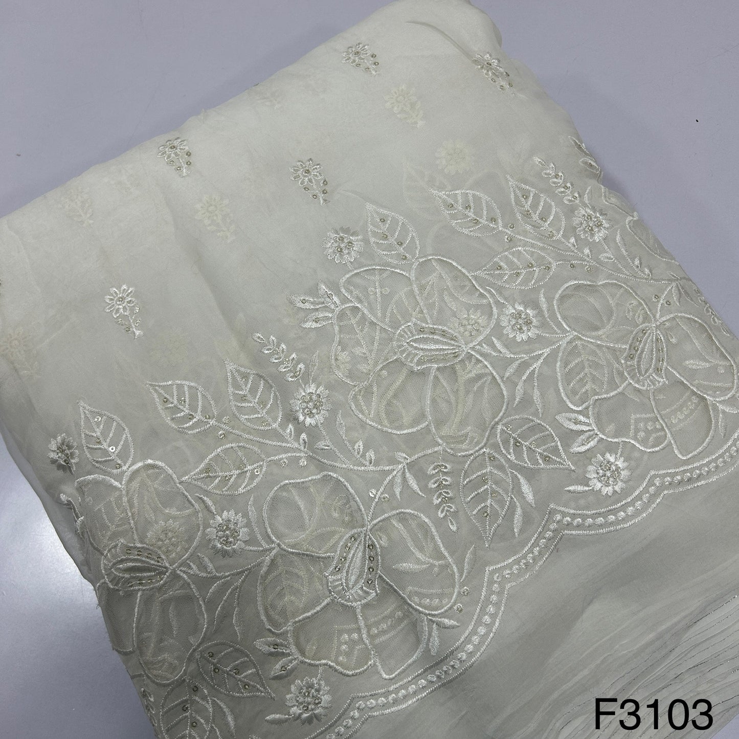 Dyeable Thread Embroidered Organza Fabric-F3103