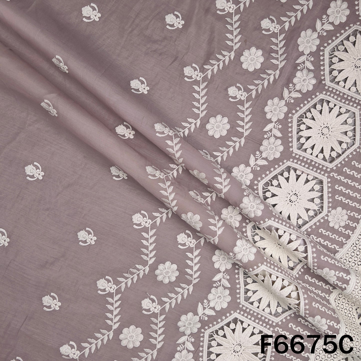 Thread Embroidered Lace Work Muslin Silk Fabric - F6675