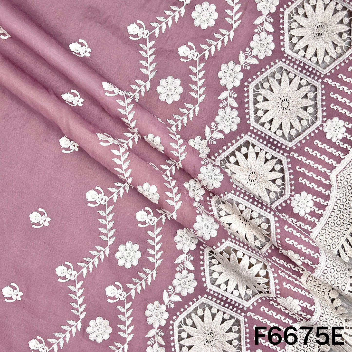 Thread Embroidered Lace Work Muslin Silk Fabric - F6675