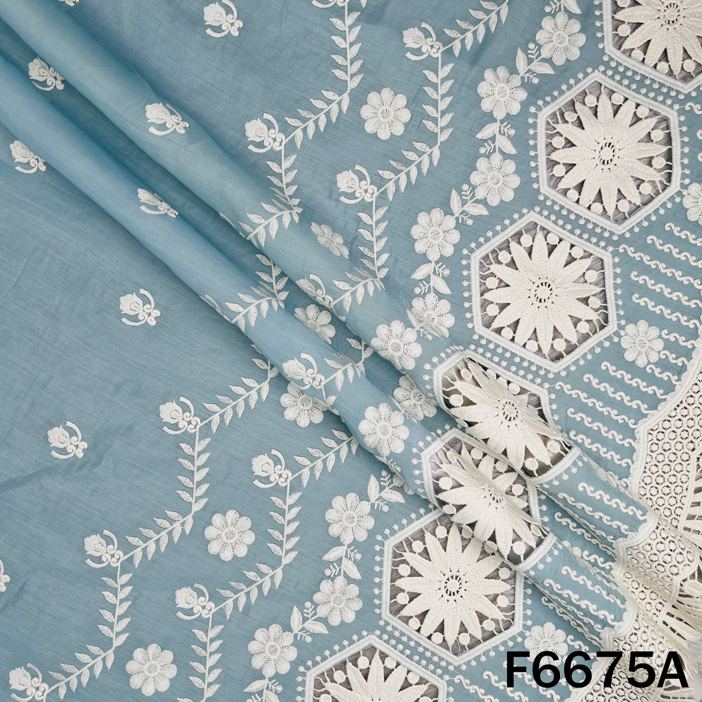 Thread Embroidered Lace Work Muslin Silk Fabric - F6675