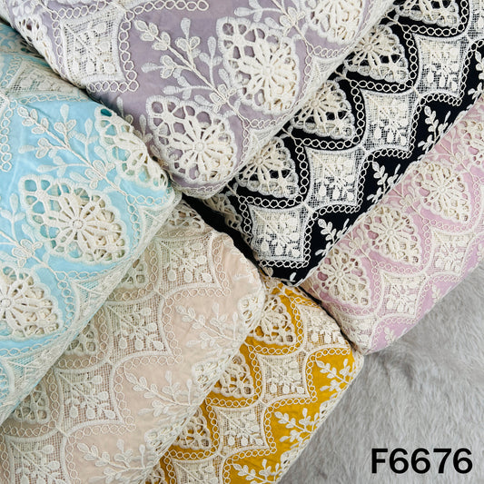 Thread Embroidered Cut Work Cambric Cotton Fabric - F6676