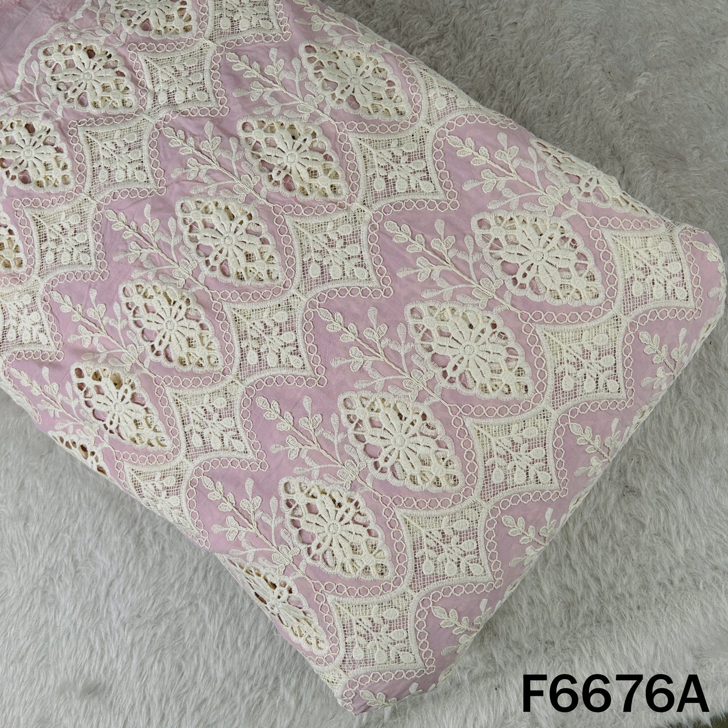 Thread Embroidered Cut Work Cambric Cotton Fabric - F6676