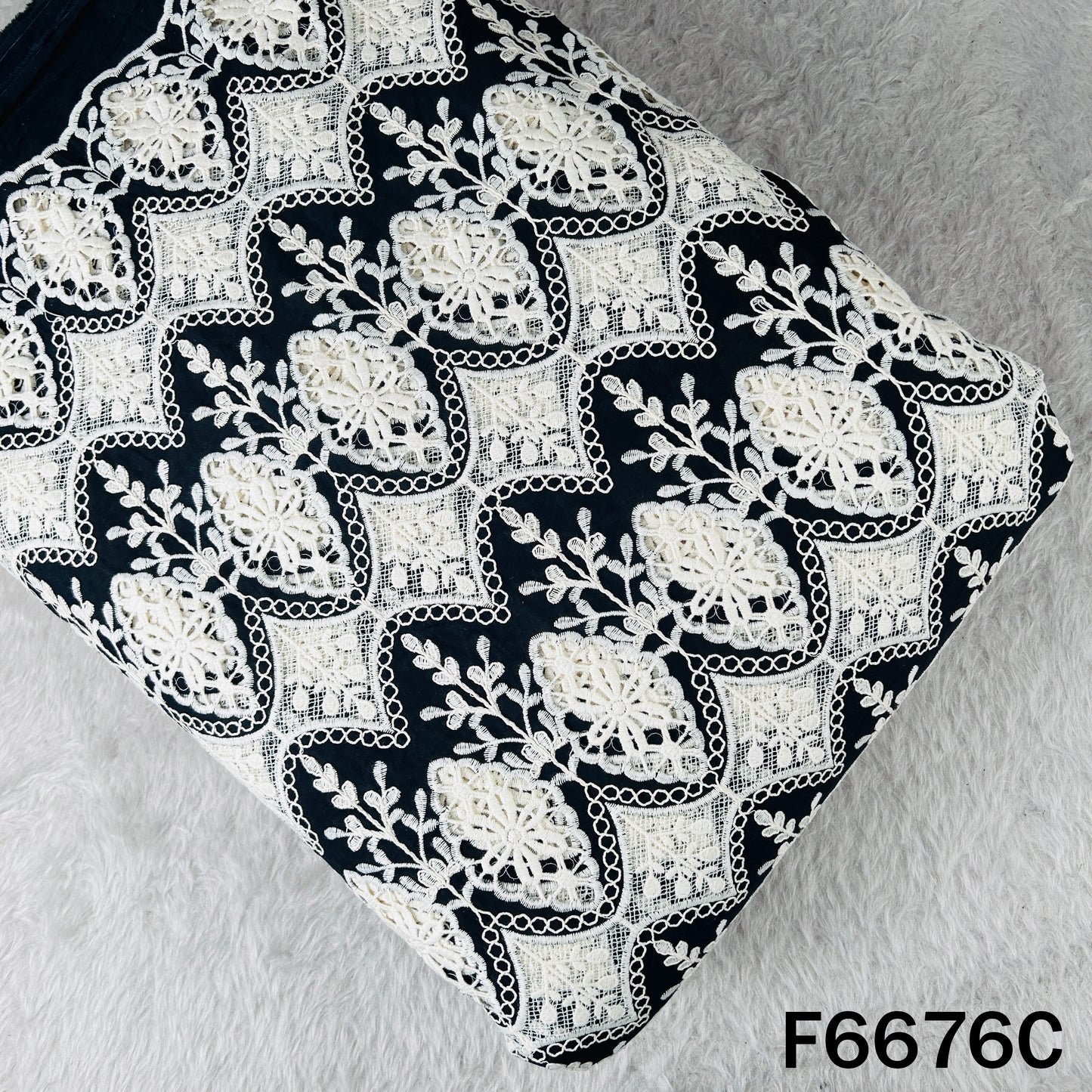 Thread Embroidered Cut Work Cambric Cotton Fabric - F6676