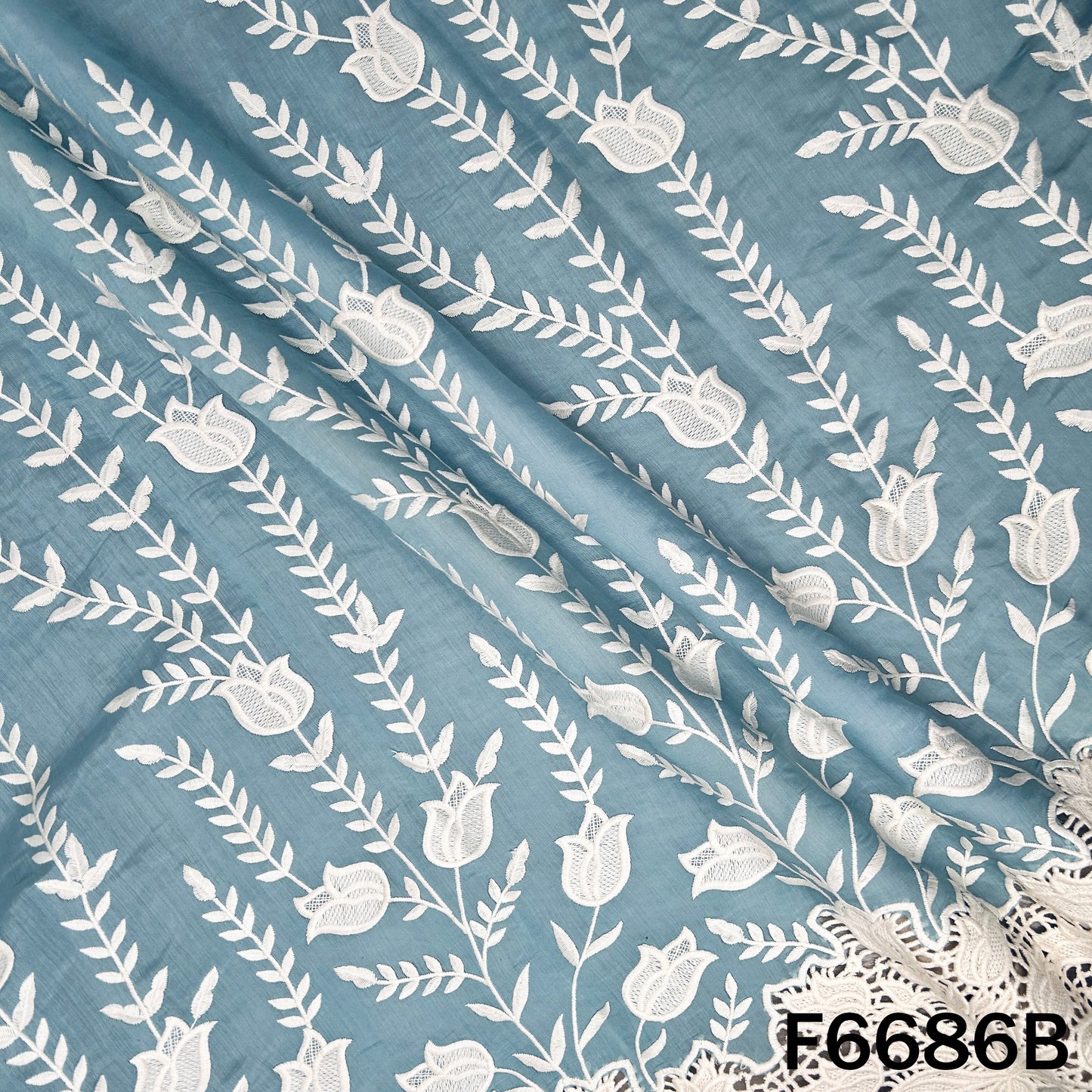 Thread Embroidered Lace Work Muslin Silk Fabric - F6686