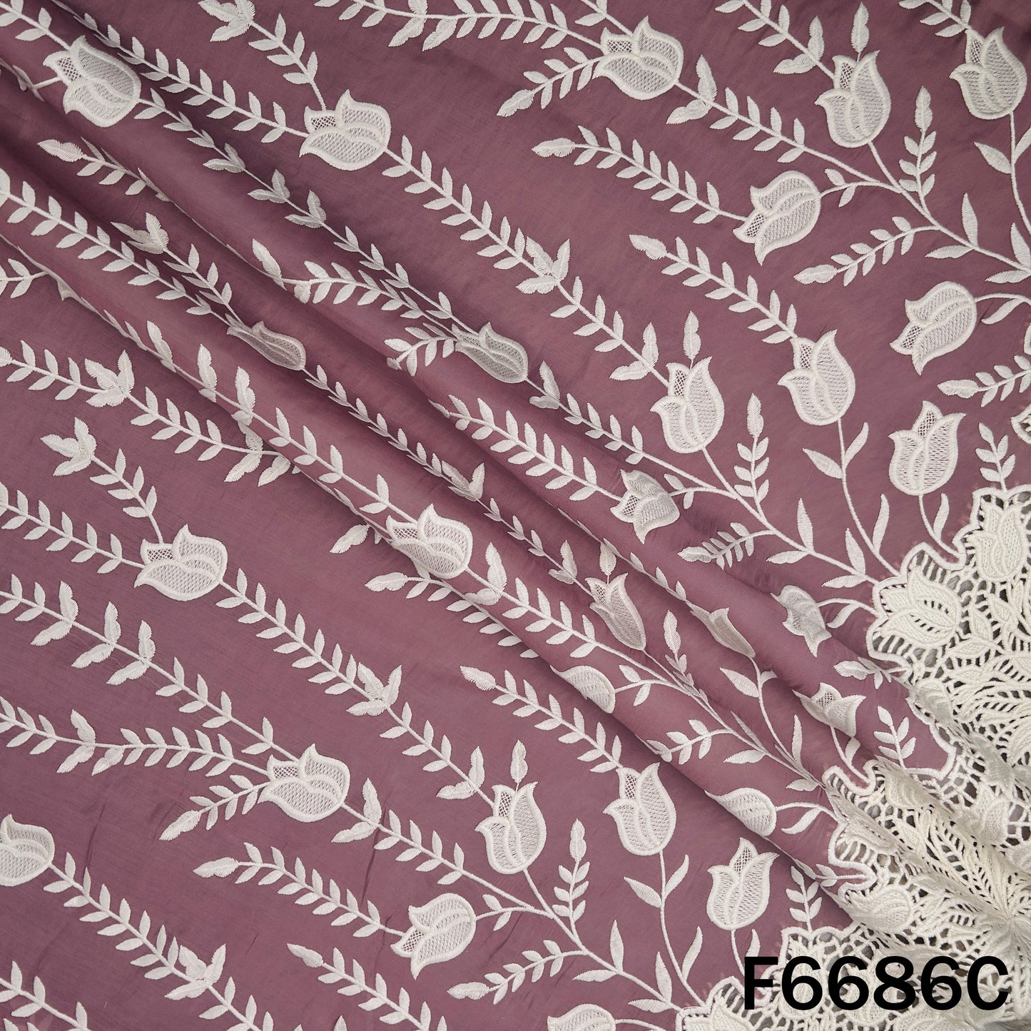 Thread Embroidered Lace Work Muslin Silk Fabric - F6686