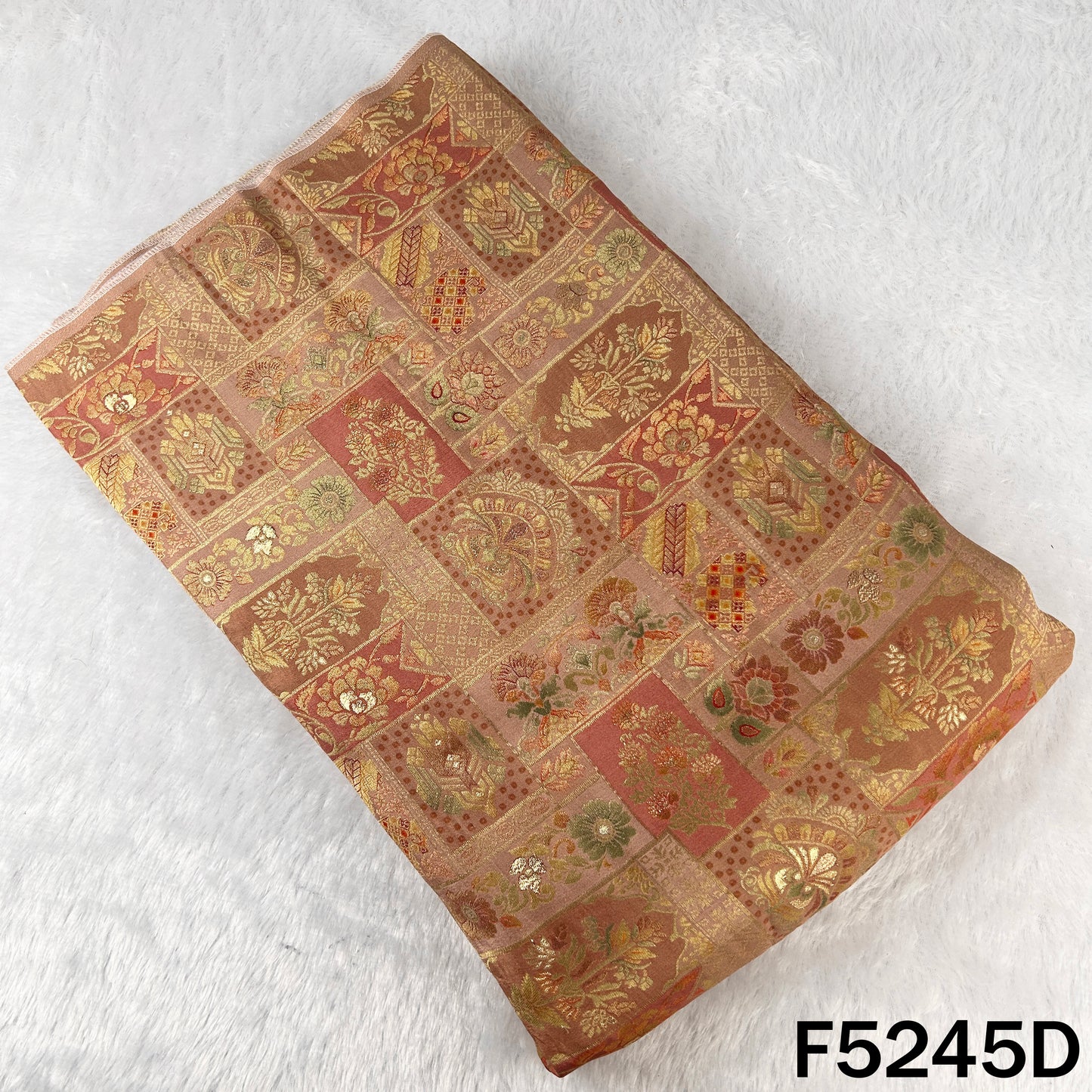 Zari Work Positional Print Jacqard Dola Silk Fabric - F5245