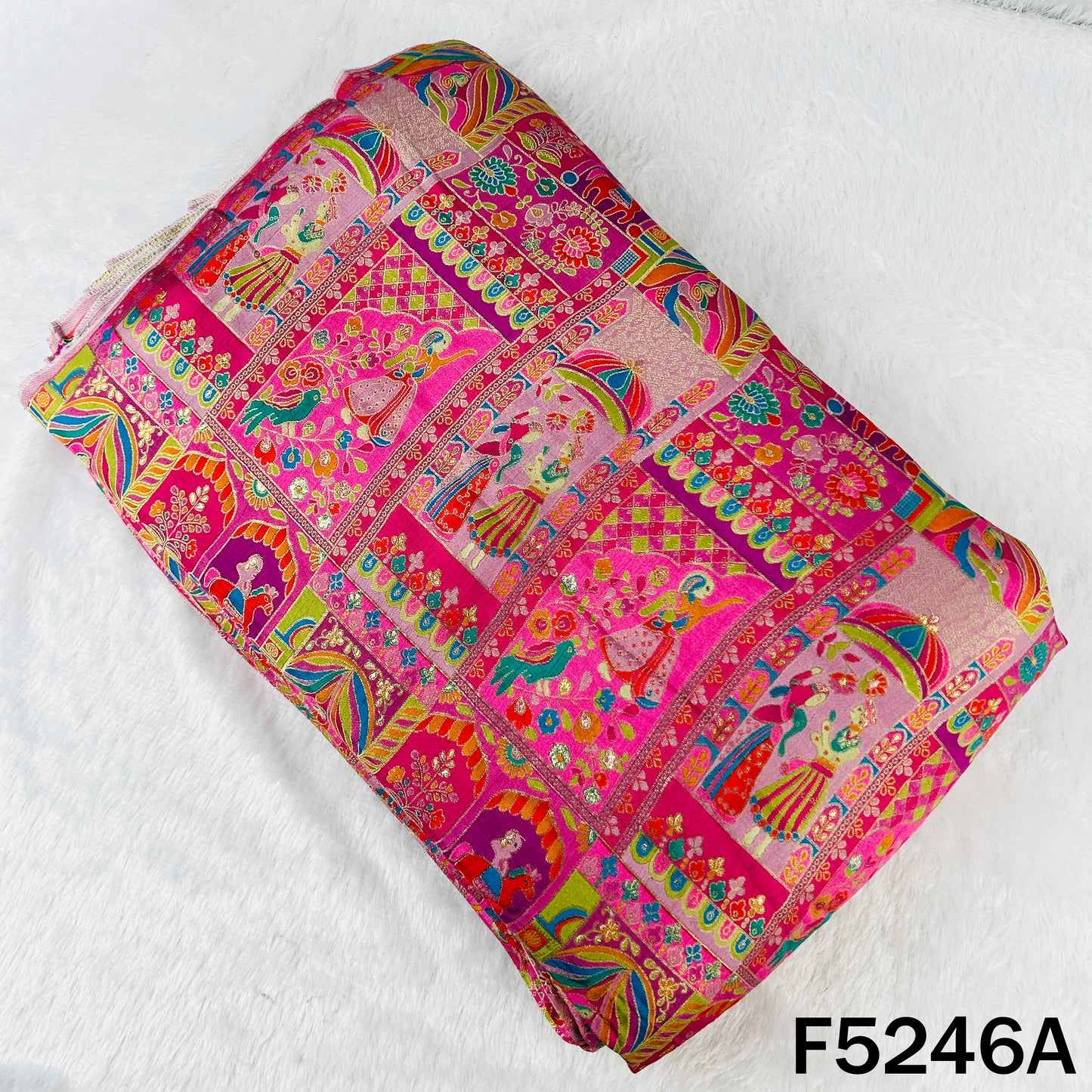 Zari Work Positional Print Jacqard Dola Silk Fabric - F5246