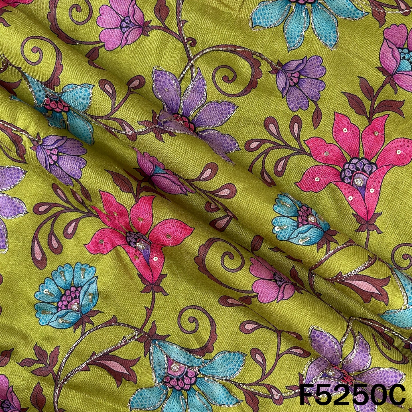 Digital Print Cut Dana Zari Sequins Pearl  Work Tussar Silk Fabric - F5250