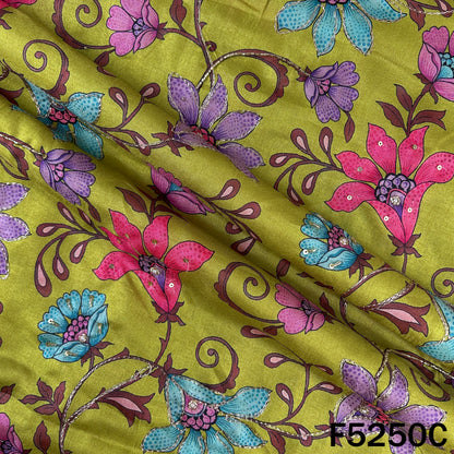 Digital Print Cut Dana Zari Sequins Pearl  Work Tussar Silk Fabric - F5250