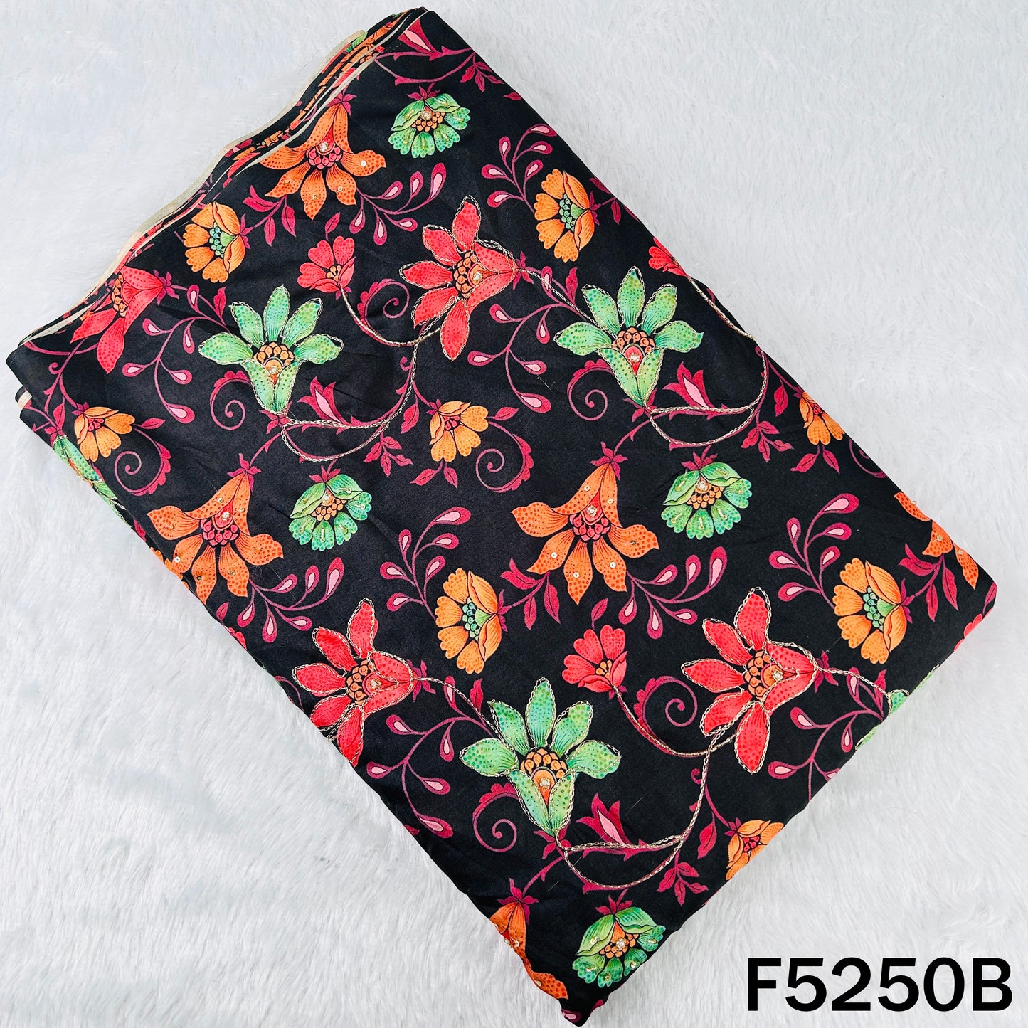 Digital Print Cut Dana Zari Sequins Pearl  Work Tussar Silk Fabric - F5250