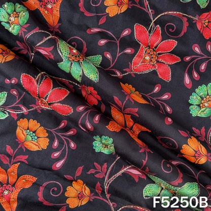 Digital Print Cut Dana Zari Sequins Pearl  Work Tussar Silk Fabric - F5250