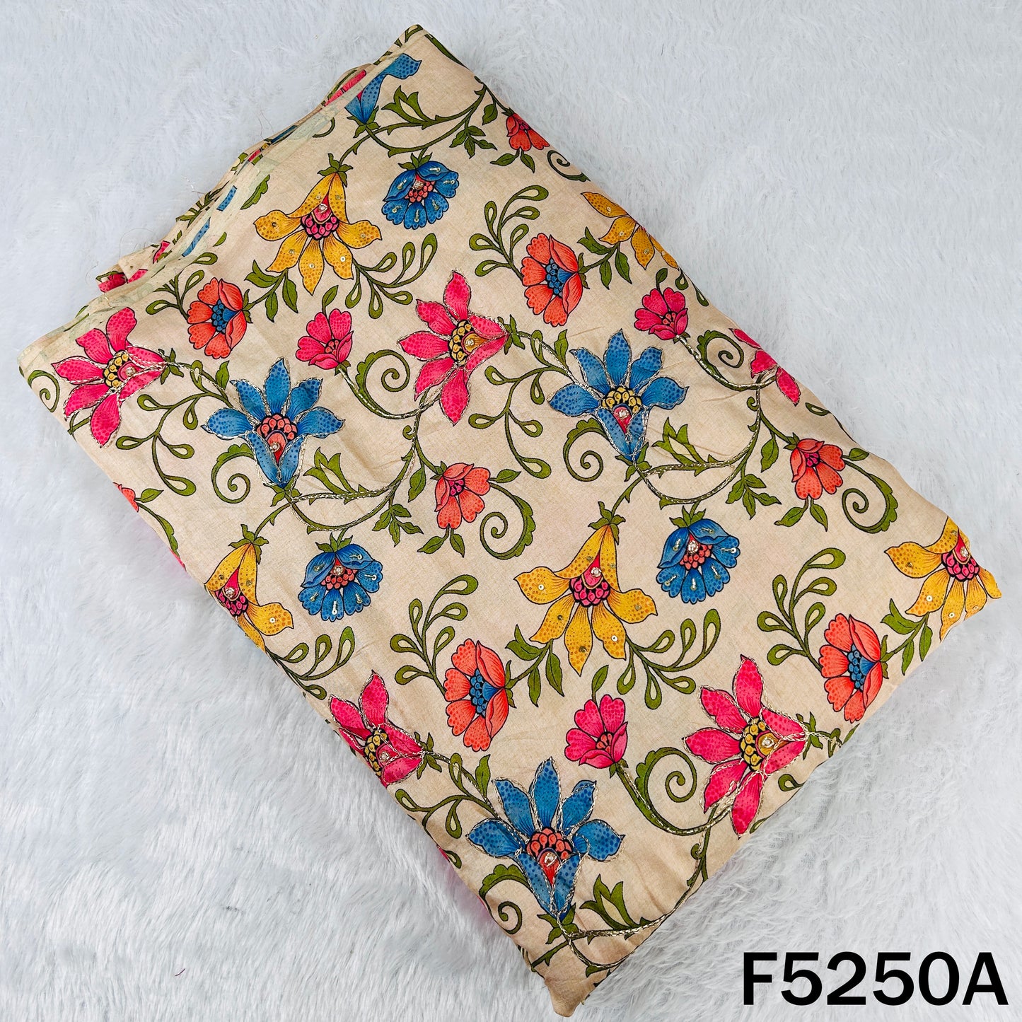 Digital Print Cut Dana Zari Sequins Pearl  Work Tussar Silk Fabric - F5250