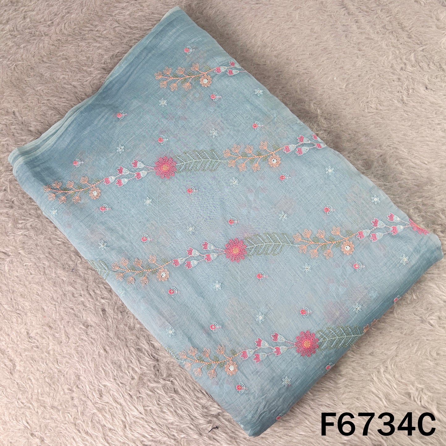 Thread Sequins Embroidered Mul Chanderi Fabric - F6734