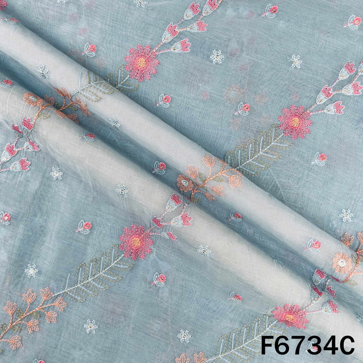 Thread Sequins Embroidered Mul Chanderi Fabric - F6734