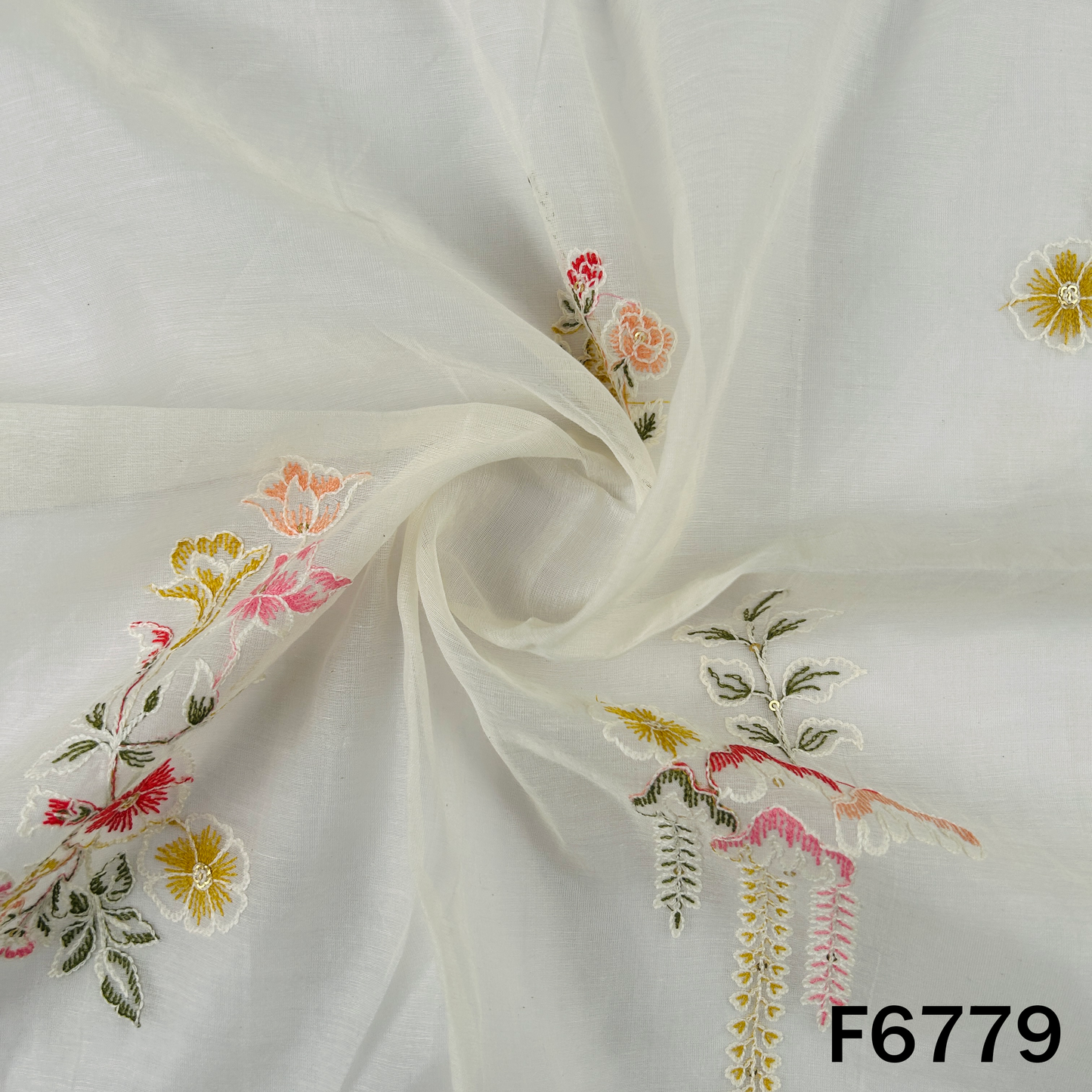 Thread Sequins Embroidered Mul Chanderi Fabric - F6779