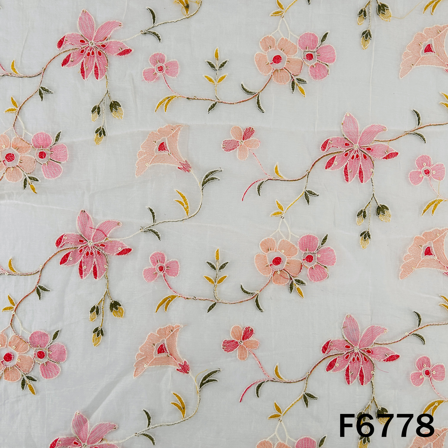 Thread Sequins Embroidered Mul Chanderi Fabric - F6778
