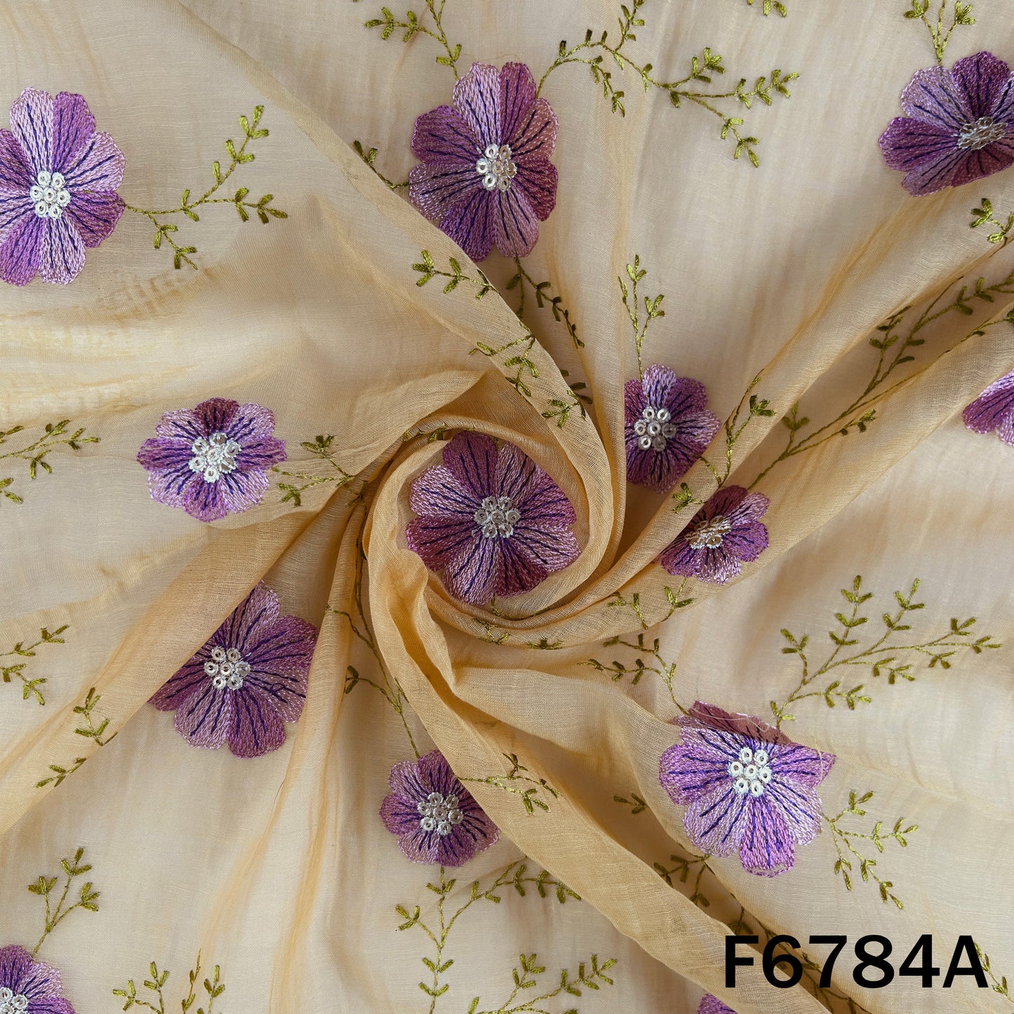 Thread Sequins Embroidered Mul Chanderi Fabric - F6784