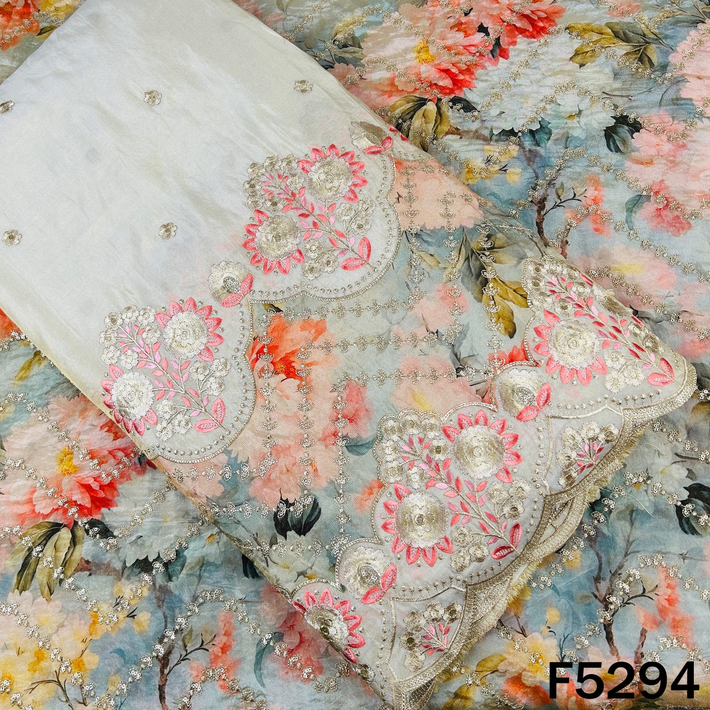 Digital Print Zari Sequins Embroidered Shimmer Tissue Fabric - F5294