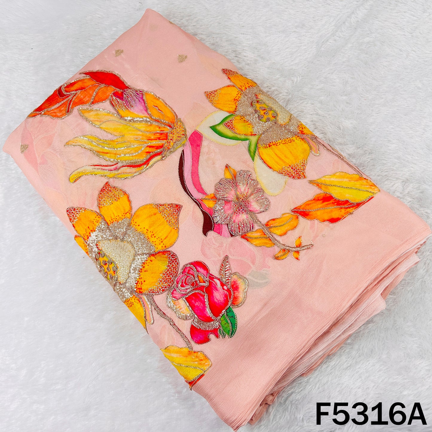 Digital Print Zari Sequins Embroidered Chinnon Chiffon Fabric - F5316