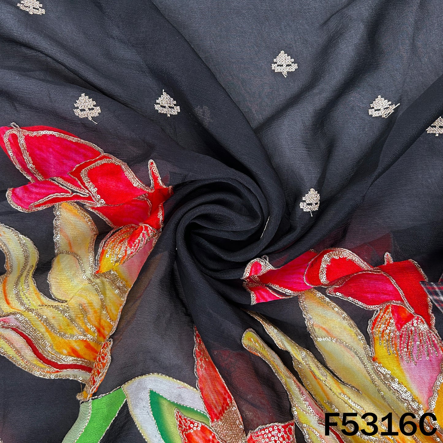 Digital Print Zari Sequins Embroidered Chinnon Chiffon Fabric - F5316