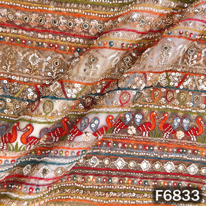 Cut Dana Thread Zari Sequins Pearl Mirror Work Net Fabric - F6833
