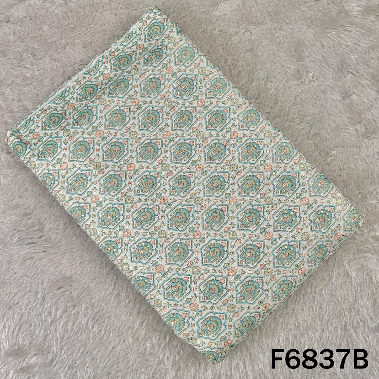 Thread Sequins Embroidered Positional Print Linen Fabric - F6837
