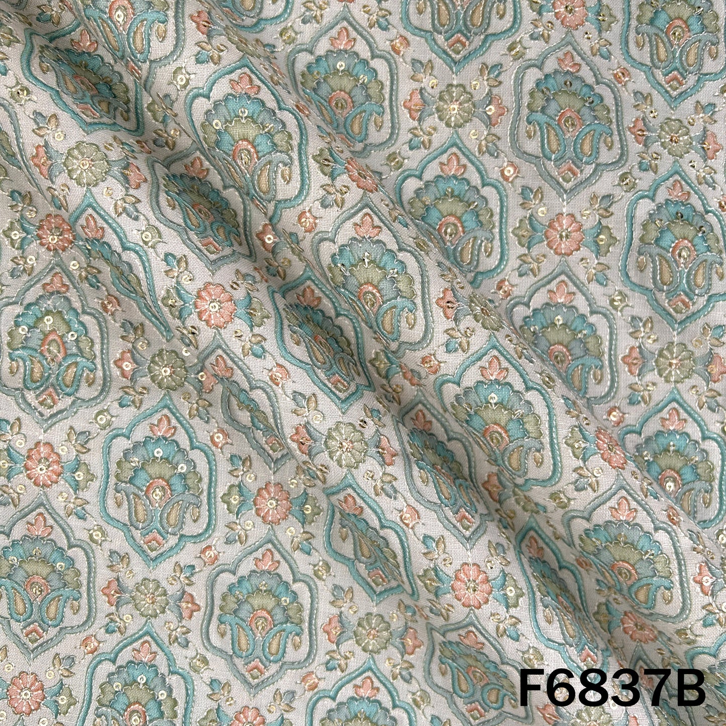Thread Sequins Embroidered Positional Print Linen Fabric - F6837